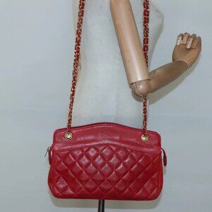 CHANEL Matelasse Chain Shoulder Bag Lamb Skin Gold Red CC Auth